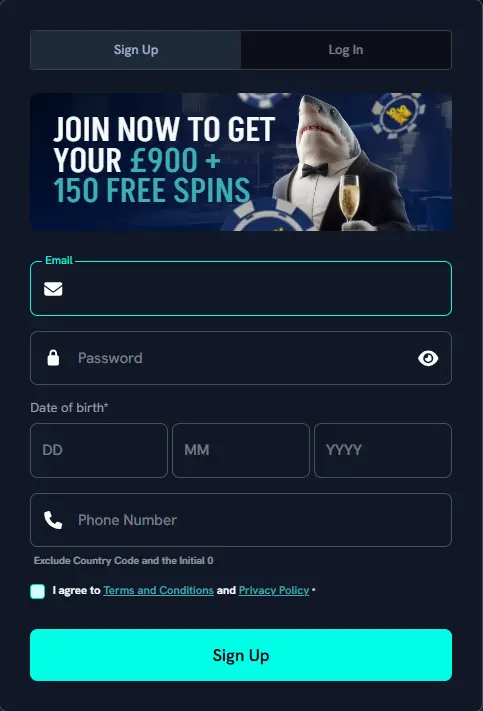 A SpinShark Casino registration form featuring a £900 and 150 free spins welcome banner on the sign-up page to illustrate the account creation process and promotional rewards for new players.