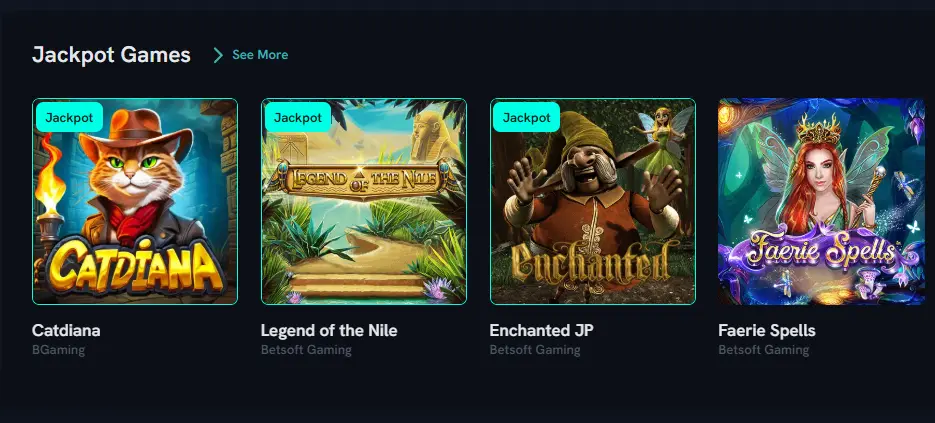 A selection of jackpot slot games including Catdiana and Legend of the Nile in the Jackpot Games section, highlighting the variety of high-payout options available to players.