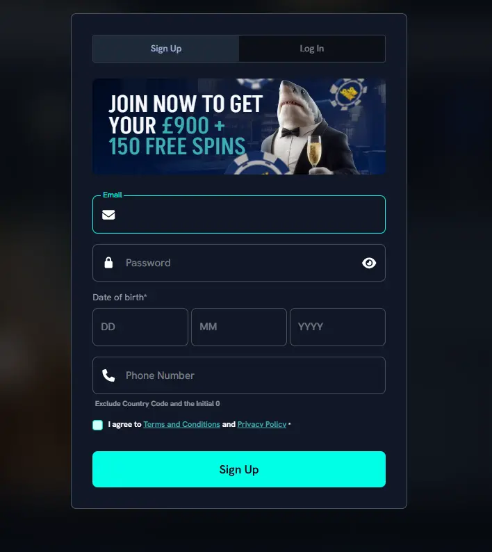 A SpinShark Casino registration form displaying a £900 and 150 free spins welcome banner to guide new players through the account creation process and highlight the initial deposit rewards.