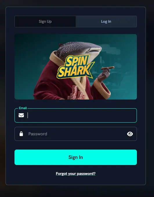Spinshark casino login form interface showing email and password fields for account access.