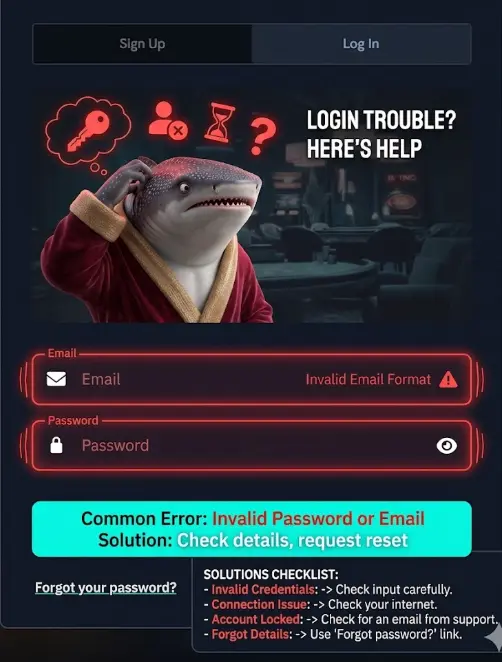 A whale shark in a robe troubleshoots a casino login with a detailed checklist.