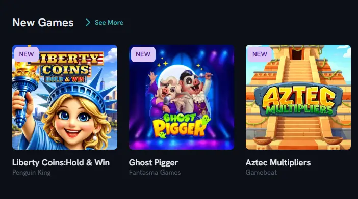New casino games selection featuring Liberty Coins and Aztec Multipliers for player engagement.