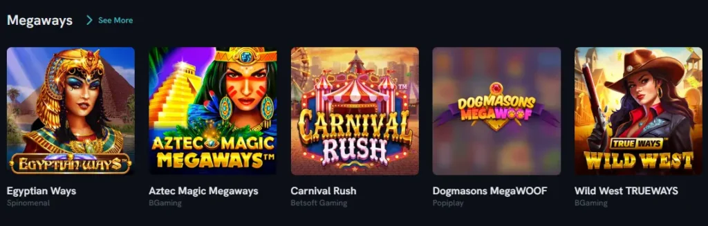 A list of Megaways slot games to show the variety of high-payline options at the casino.