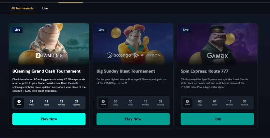 Active casino tournaments and prize pools to encourage player participation and competition.