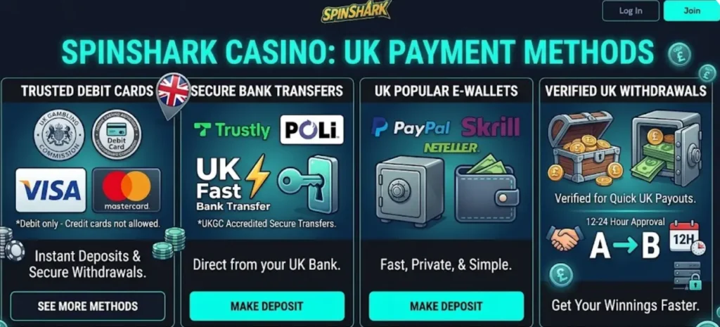 Overview of UK payment methods at SpinShark casino to show secure deposit and withdrawal options.
