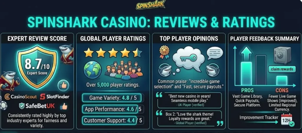 Review infographic for SpinShark casino featuring expert scores and player ratings for trust.
